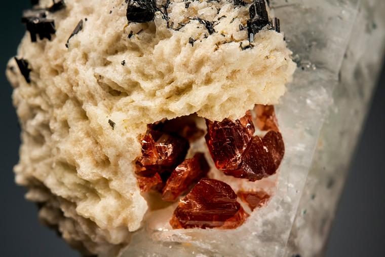BERYL var. Aquamarine with SPESSARTINE, Tourmaline, and ALBITE (repaired)